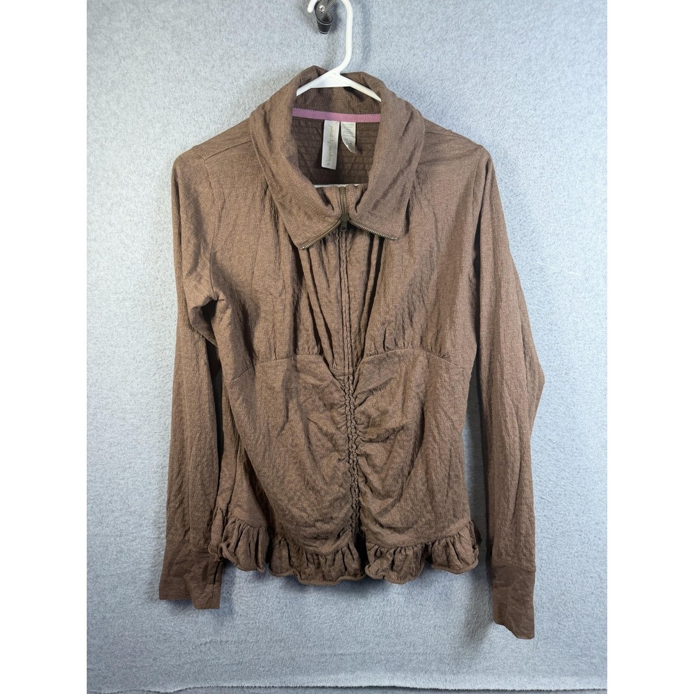 Paint By Numbers Jacket Womens Medium Brown Ruffle Hem Ruched Full Zip Boho